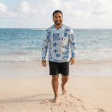 Adult Blue Tropical Kapa Dri Fit Hooded Long Sleeve Tee - Sweet Sweet Honey Hawaii