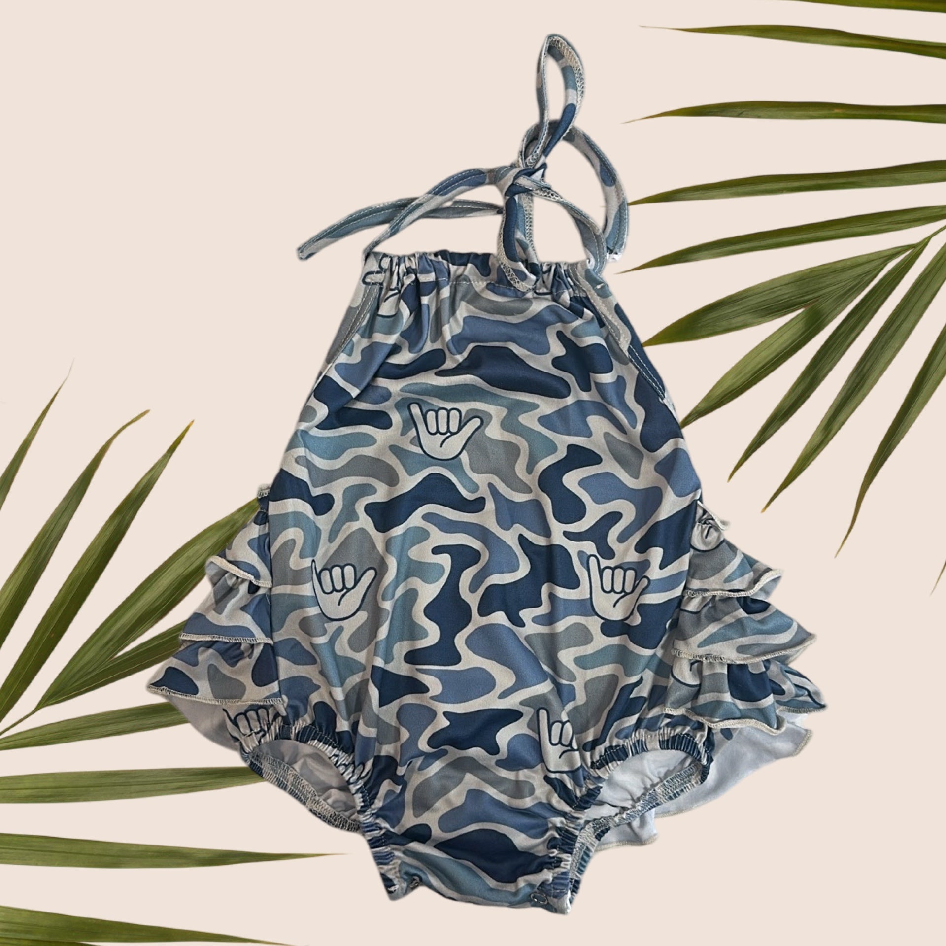 Blue Camo Shaka Ruffle Halter Romper - Sweet Sweet Honey Hawaii