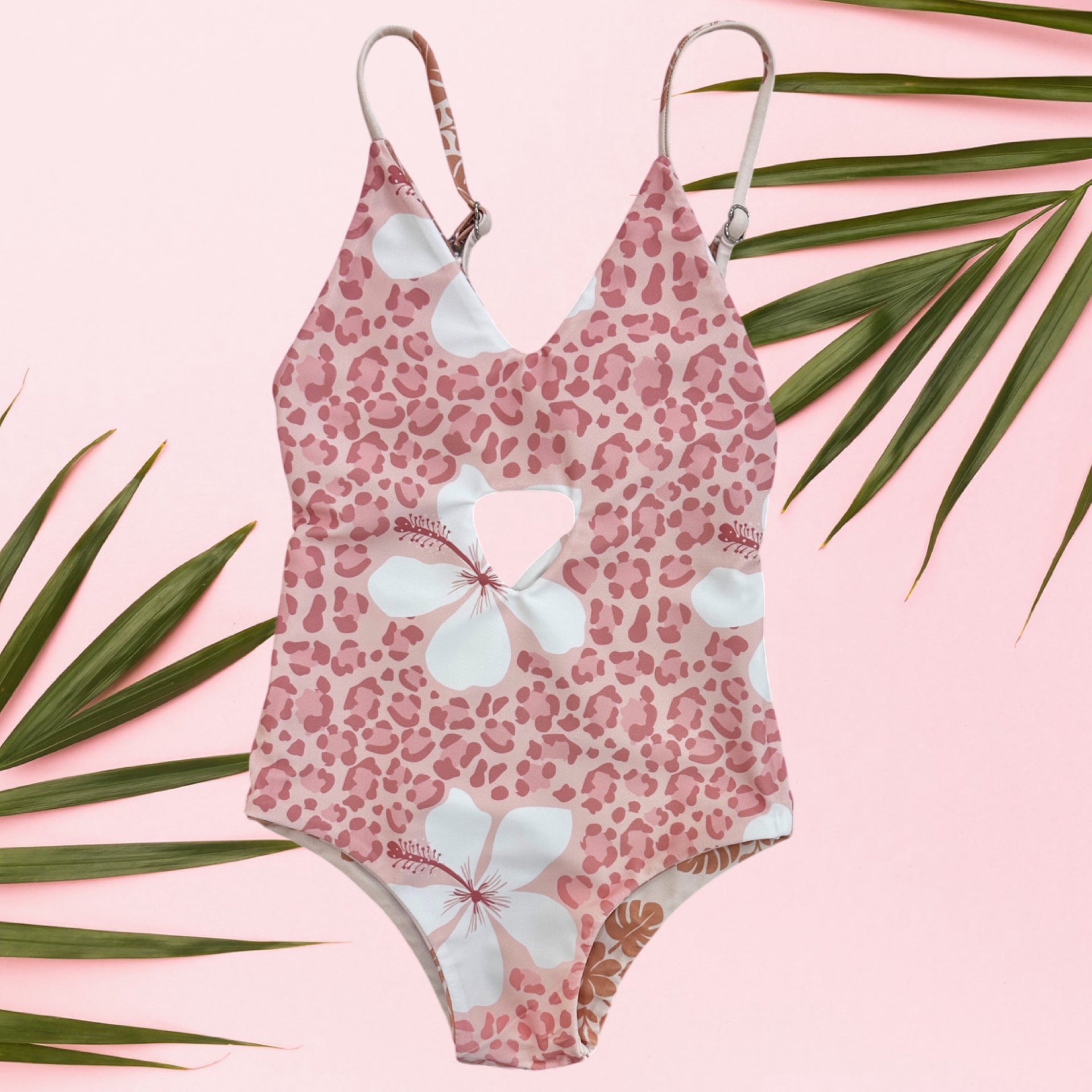 Blush heirloom/Cheetah Hibiscus Peek - a - Boo reversible Swimsuit - Sweet Sweet Honey Hawaii