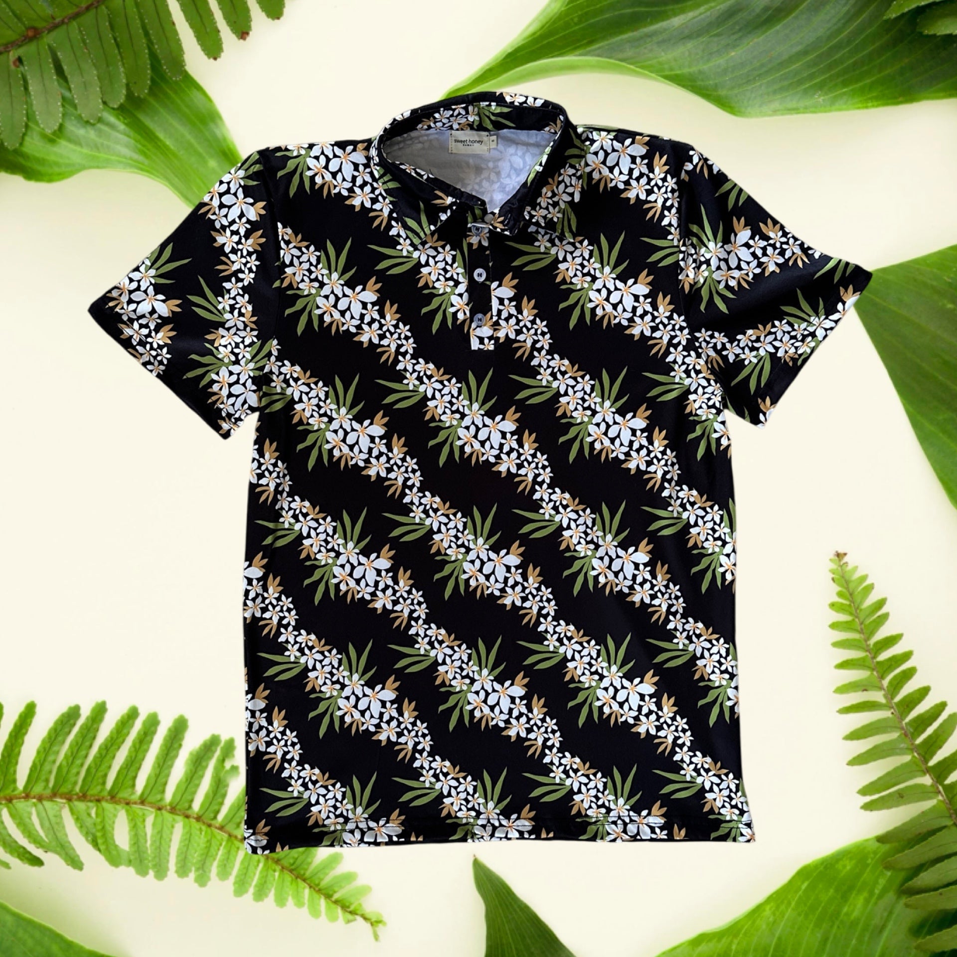 Lei Hiwa Black Men's Collared Shirt - Sweet Sweet Honey Hawaii