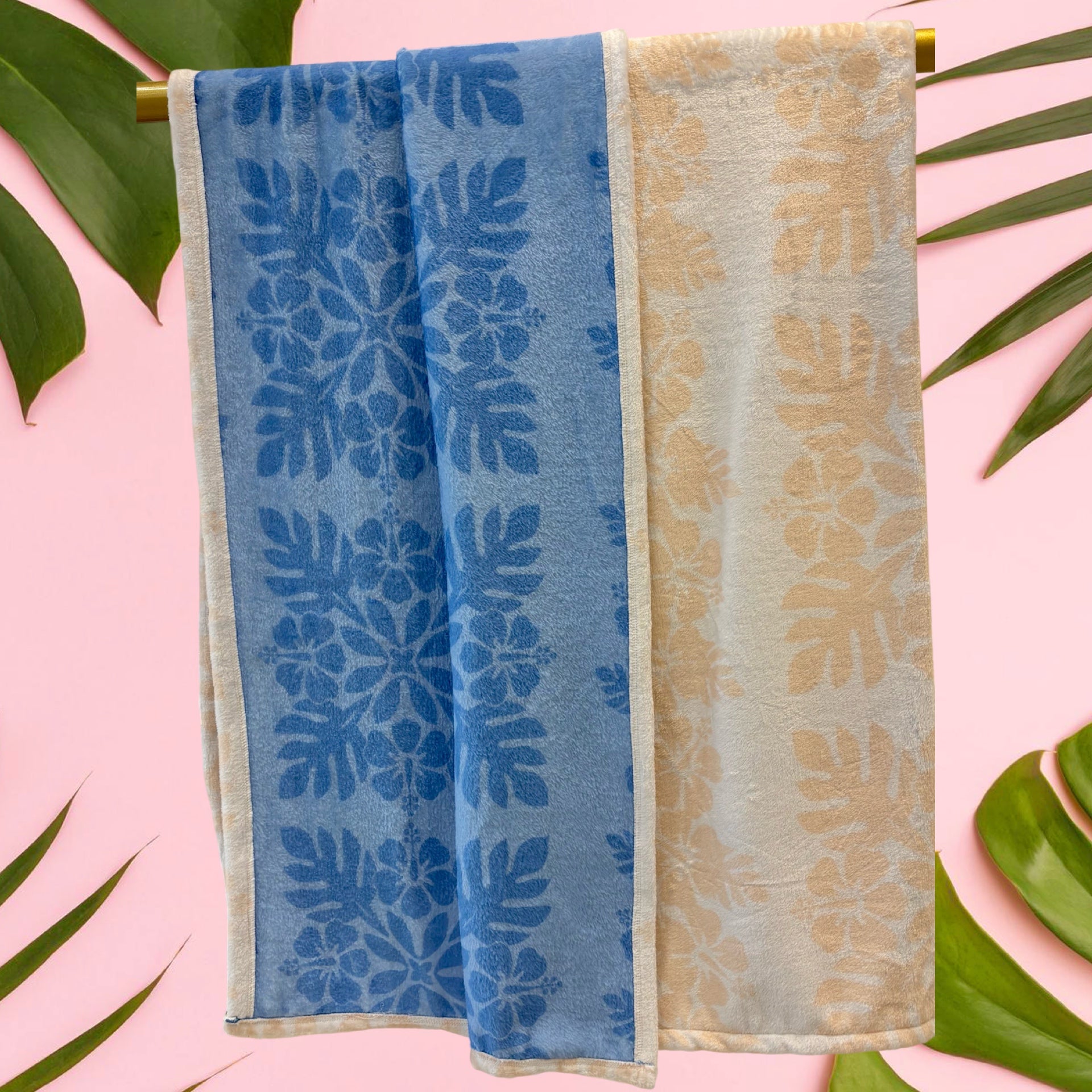 Medium: Cream Quilt Hibiscus /Blue Quilt Hibiscus Minky Blanket - Sweet Sweet Honey Hawaii