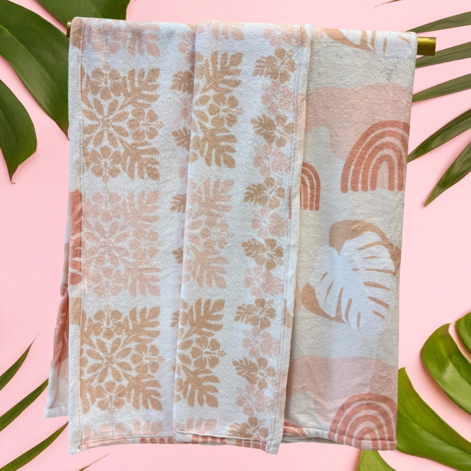 Medium: Rainbow Monstera /Quilt Hibiscus Minky Blanket - Sweet Sweet Honey Hawaii