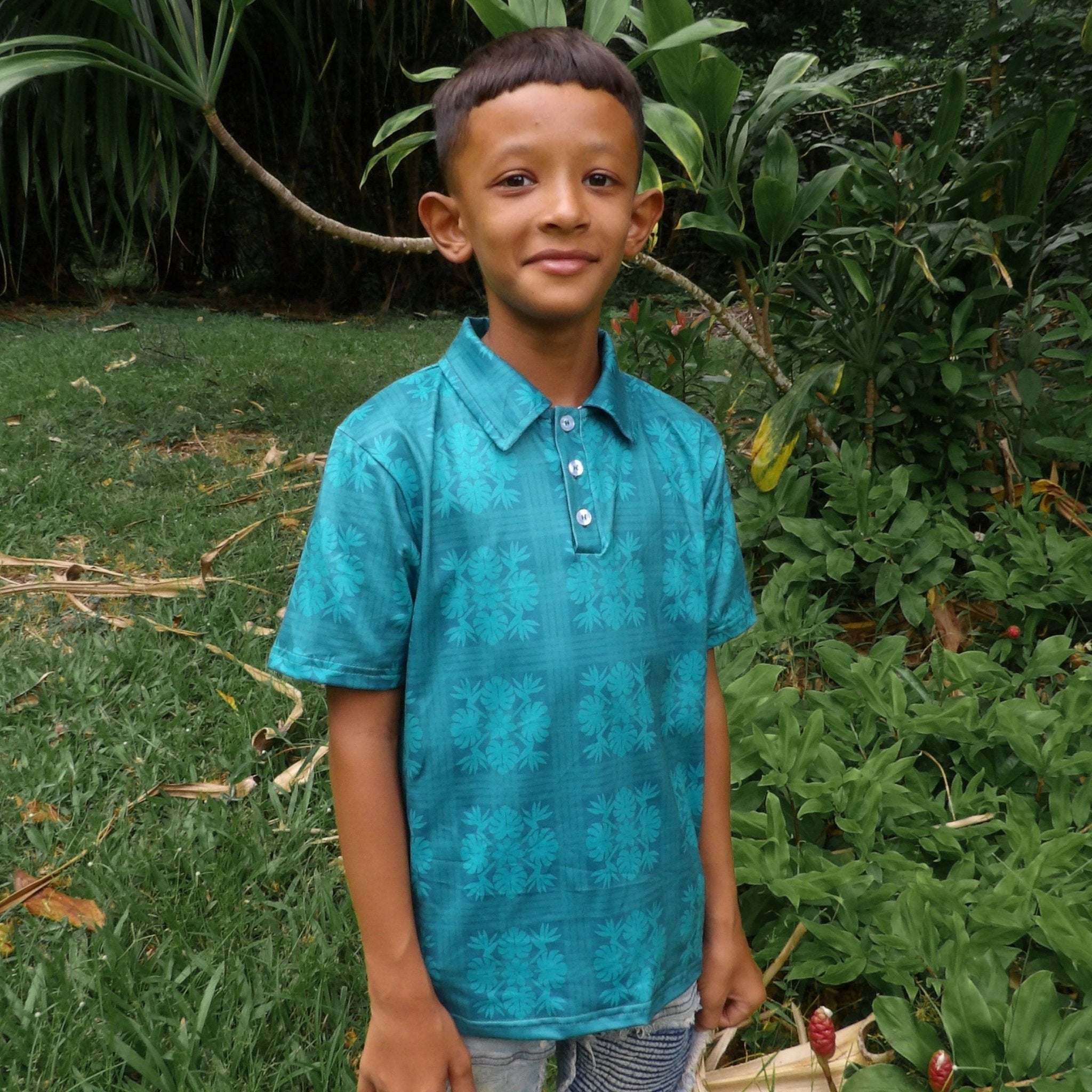 Teal Tropical Palaka collared shirt - Sweet Sweet Honey Hawaii
