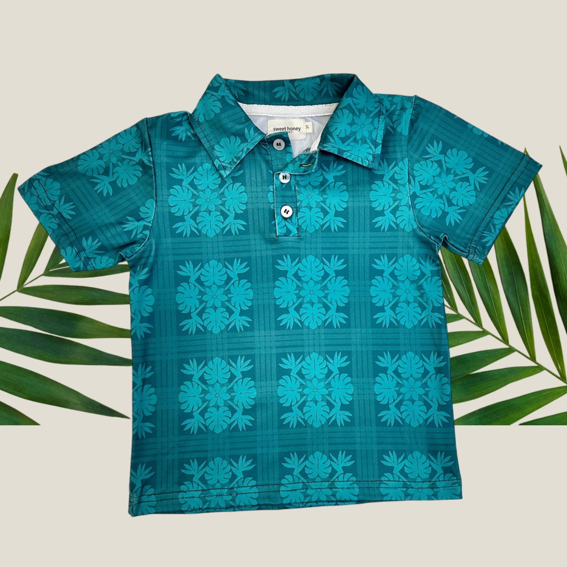 Teal Tropical Palaka collared shirt - Sweet Sweet Honey Hawaii