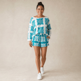Women's Teal Quilt White Off the shoulder Sweater - Sweet Sweet Honey Hawaii